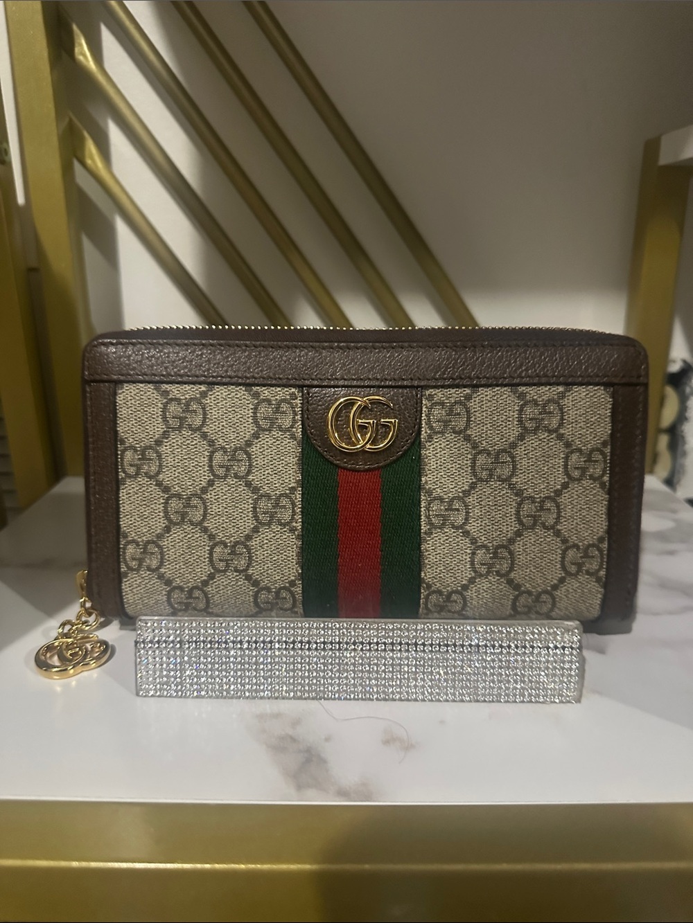 Gucci Brown GG Supreme Wallet with Green-Red Web Stripe